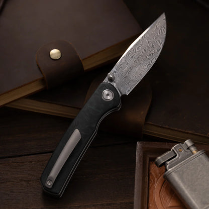 Olitans Gecko M070 - 3.07" Damascus Blade, Green Carbon Fibre Handle