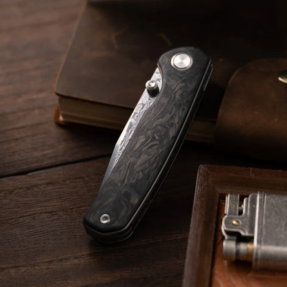 Olitans Gecko M070 - 3.07" Damascus Blade, Green Carbon Fibre Handle