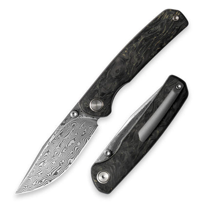 Olitans Gecko M070 - 3.07" Damascus Blade, Yellow Carbon Fibre Handle