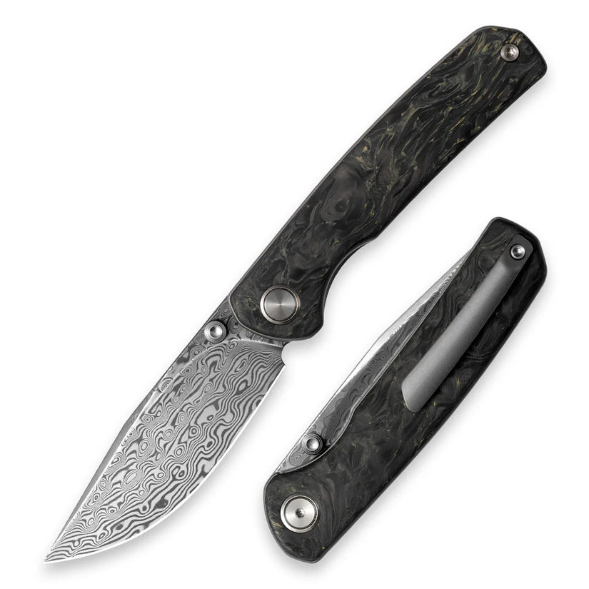 Olitans Gecko M070 - 3.07" Damascus Blade, Yellow Carbon Fibre Handle