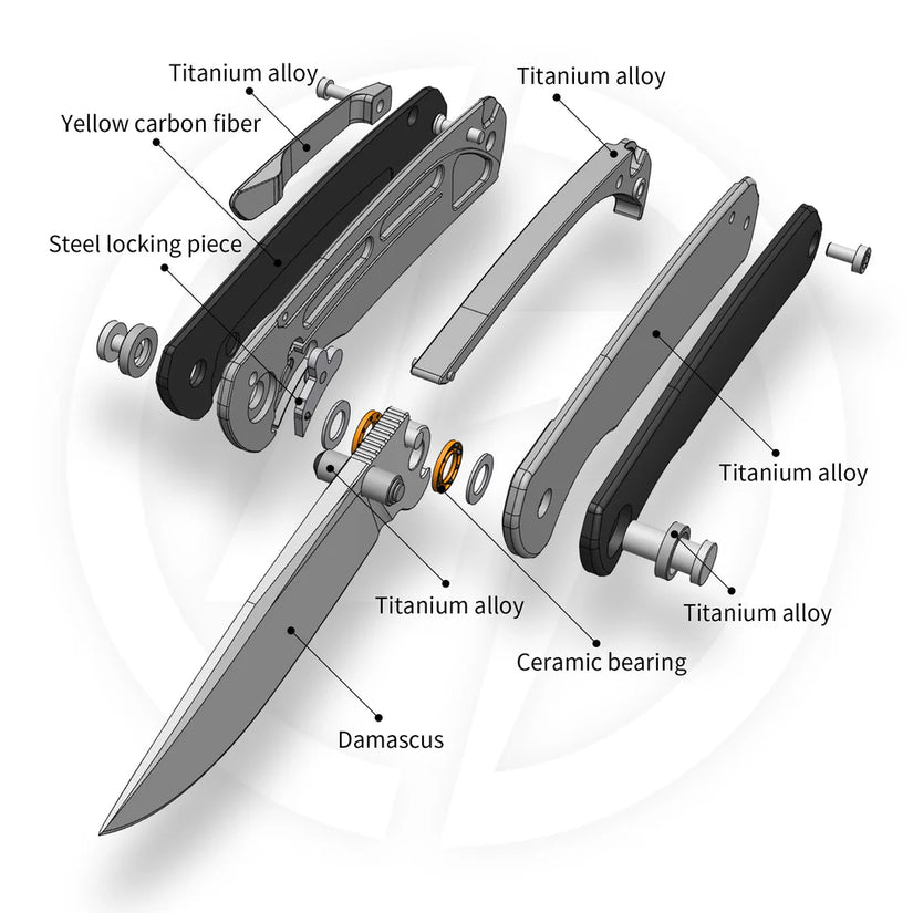 Olitans Gecko M070 - 3.07" Damascus Blade, Yellow Carbon Fibre Handle