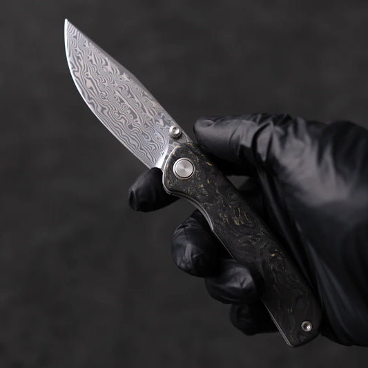 Olitans Gecko M070 - 3.07" Damascus Blade, Yellow Carbon Fibre Handle