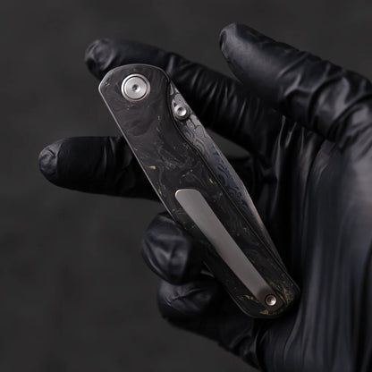 Olitans Gecko M070 - 3.07" Damascus Blade, Yellow Carbon Fibre Handle