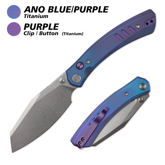 Miguron Karok - 3.4" Stonewashed D2, Anodised Blue/Purple Titanium Handle, Purple Clip
