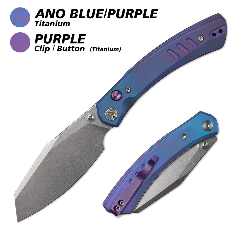 Miguron Karok - 3.4" Stonewashed D2, Anodised Blue/Purple Titanium Handle, Purple Clip