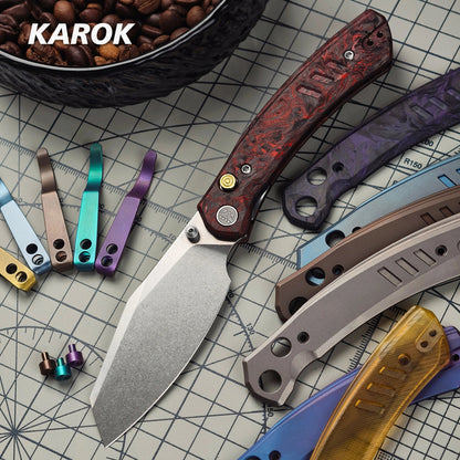 Miguron Karok - 3.4" Stonewashed D2, Anodised Blue/Purple Titanium Handle, Purple Clip