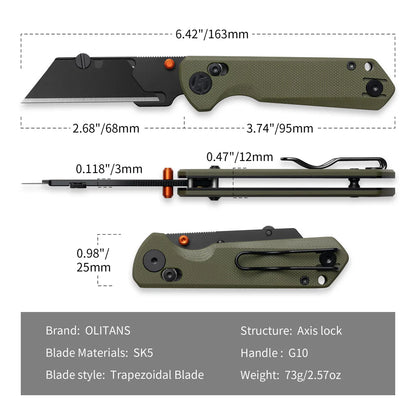 Olitans Adélie Penguins G076 - 2.68" Black Utility Blade, Green G10 Handle