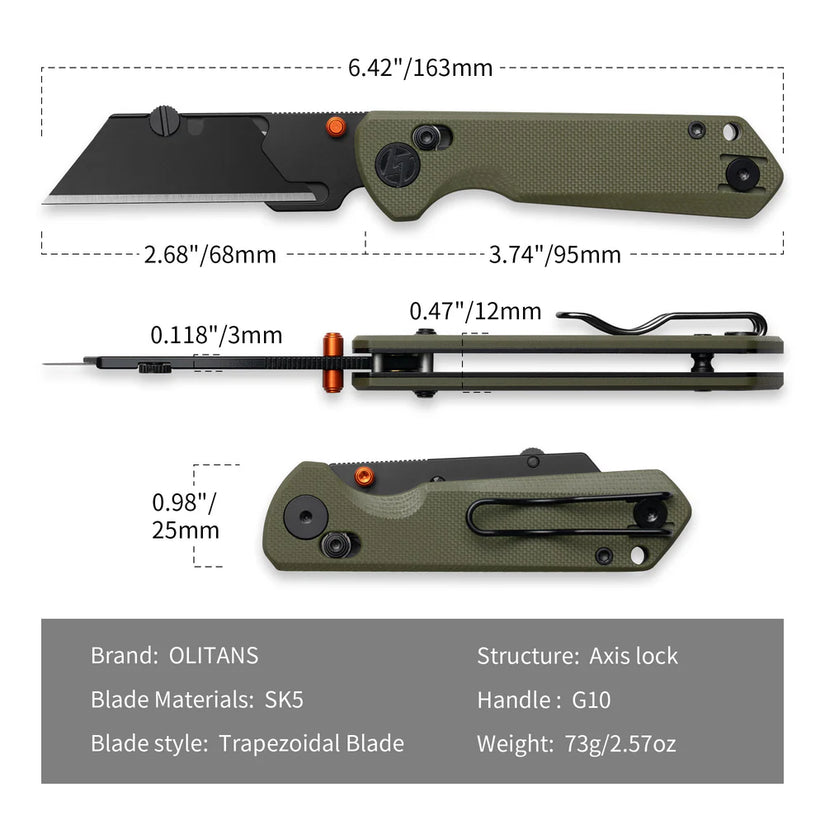Olitans Adélie Penguins G076 - 2.68" Black Utility Blade, Green G10 Handle