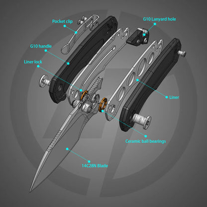 Olitans G057 - 2.36" 14C28N Satin Blade, Black G10 Handle