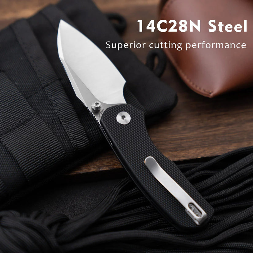 Olitans G057 - 2.36" 14C28N Satin Blade, Black G10 Handle