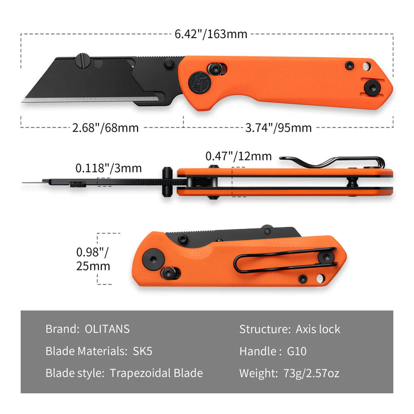 Olitans Adélie Penguins G076 - 2.68" Black Utility Blade, Orange G10 Handle