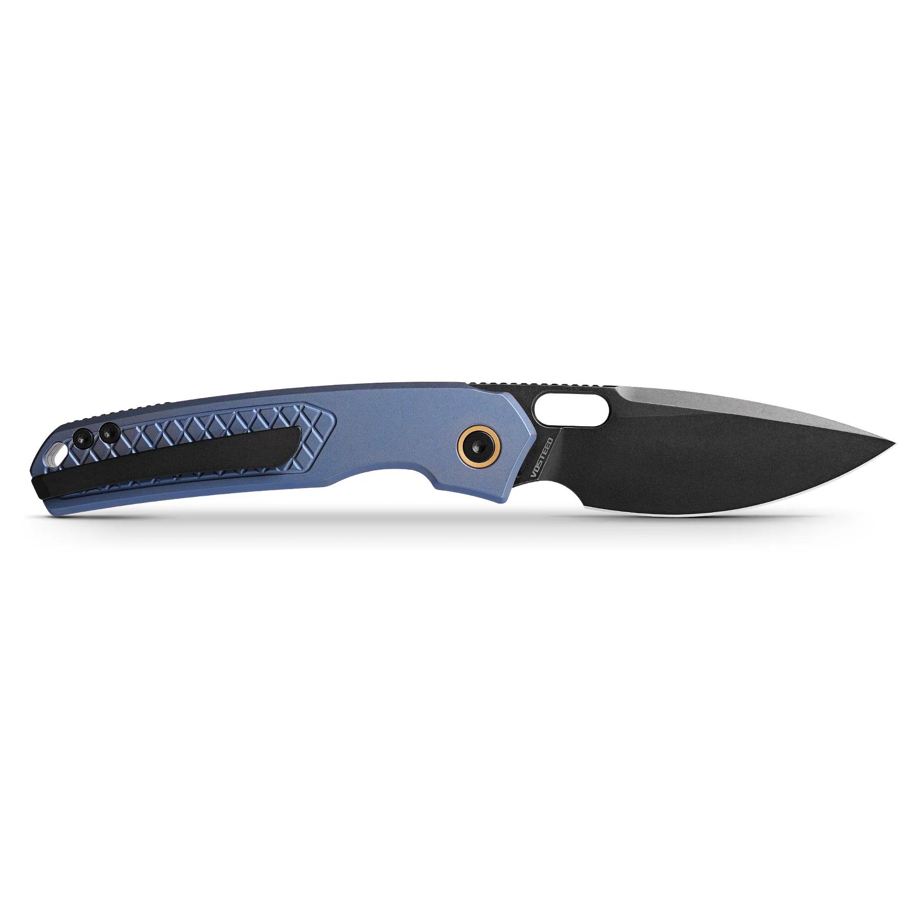 Vosteed Psyop A2205 - 3.32" Elmax Black Stonewash Blade, Blue Titanium Patterned Handle