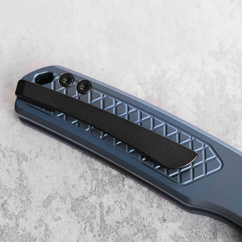 Vosteed Psyop A2205 - 3.32" Elmax Black Stonewash Blade, Blue Titanium Patterned Handle