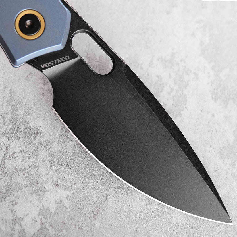 Vosteed Psyop A2205 - 3.32" Elmax Black Stonewash Blade, Blue Titanium Patterned Handle