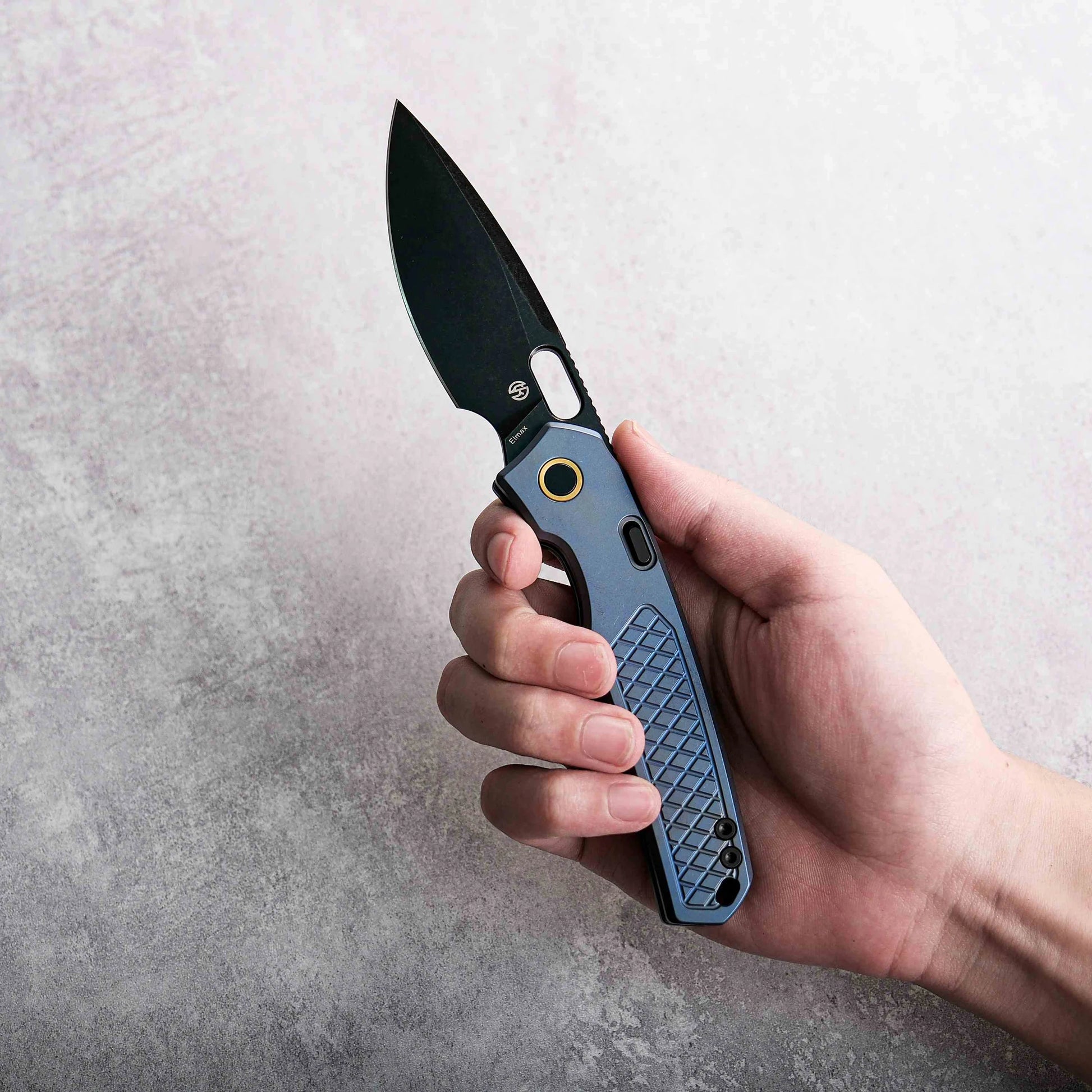 Vosteed Psyop A2205 - 3.32" Elmax Black Stonewash Blade, Blue Titanium Patterned Handle