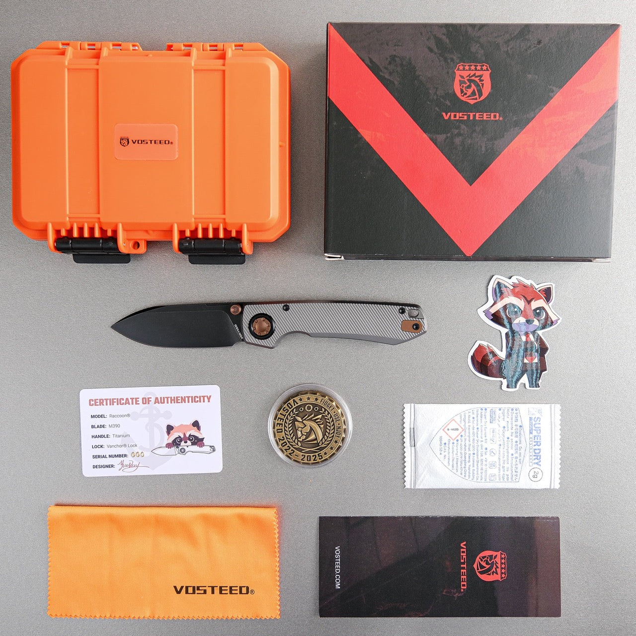 Vosteed Raccoon V Vanchor Lock A4004 - 3.22" M390 Black Stonewash Blade, Titanium Handle