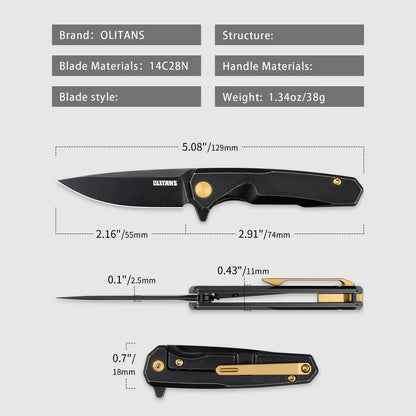 Olitans Mini Knife T019 - 2.16" 14C28N Black Stonewashed Blade, Black Stonewashed Titanium Handle