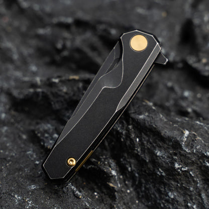 Olitans Mini Knife T019 - 2.16" 14C28N Black Stonewashed Blade, Black Stonewashed Titanium Handle