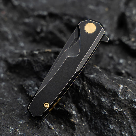 Olitans Mini Knife T019 - 2.16" 14C28N Black Stonewashed Blade, Black Stonewashed Titanium Handle