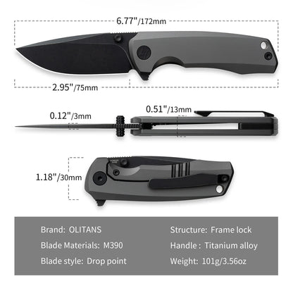 Olitans Bomber T065 - 2.95" M390 Black Stonewashed Blade, Grey Titanium Handle