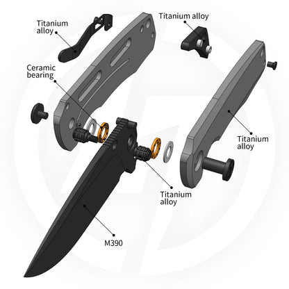 Olitans Bomber T065 - 2.95" M390 Black Stonewashed Blade, Grey Titanium Handle