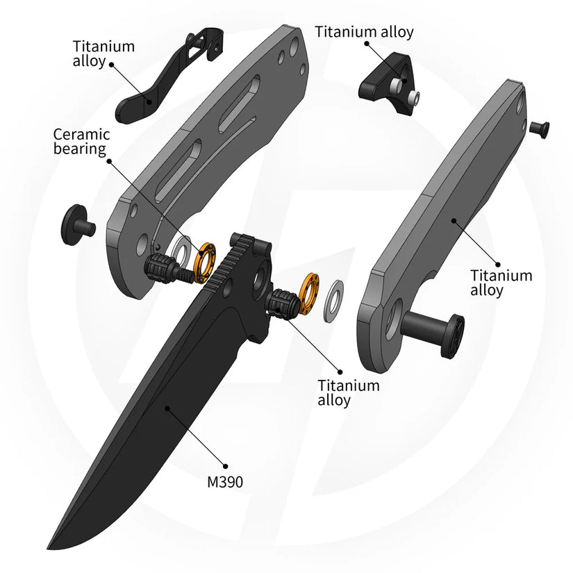 Olitans Bomber T065 - 2.95" M390 Black Stonewashed Blade, Grey Titanium Handle