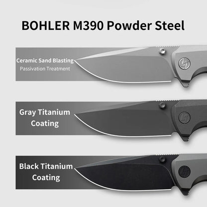 Olitans Bomber T065 - 2.95" M390 Black Stonewashed Blade, Grey Titanium Handle