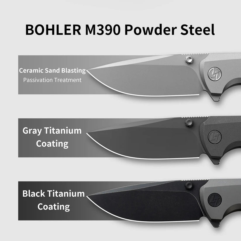 Olitans Bomber T065 - 2.95" M390 Black Stonewashed Blade, Grey Titanium Handle