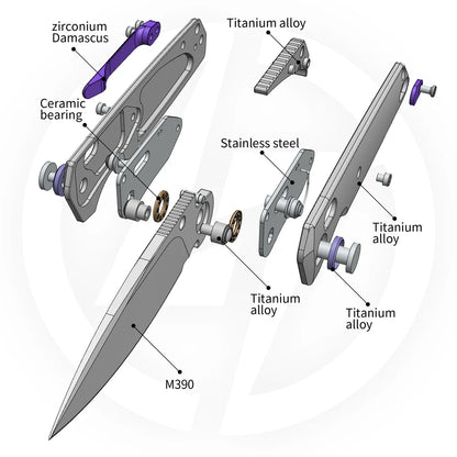 Olitans Ti-Aero T075 Brushed - 3.23" M390 Hand Brushed Blade, Titanium Handle & Zirconium Damascus