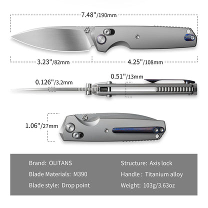 Olitans Ti-Aero T075 Brushed - 3.23" M390 Hand Brushed Blade, Titanium Handle & Zirconium Damascus