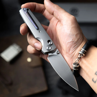 Olitans Ti-Aero T075 Brushed - 3.23" M390 Hand Brushed Blade, Titanium Handle & Zirconium Damascus