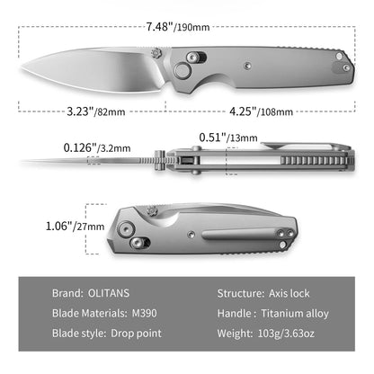 Olitans Ti-Aero T075 Matte - 3.23" M390 Bead Blasted Blade, Titanium Handle