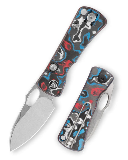 Trivisa Andromeda Pro-RL - 2.3" N690 Stonewashed Blade, Blue/Red/White Fat Carbon Handle