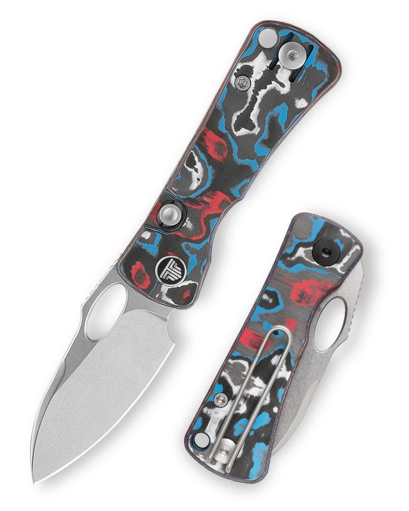 Trivisa Andromeda Pro-RL - 2.3" N690 Stonewashed Blade, Blue/Red/White Fat Carbon Handle