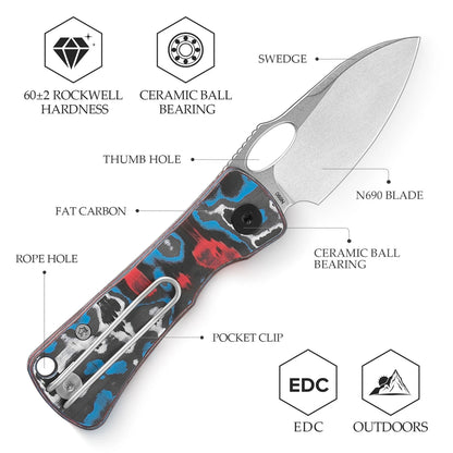 Trivisa Andromeda Pro-RL - 2.3" N690 Stonewashed Blade, Blue/Red/White Fat Carbon Handle