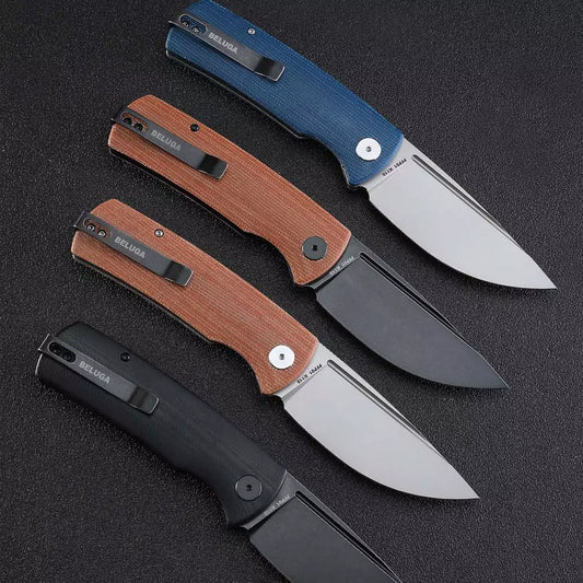 Petrified Fish Beluga PFP01 - 3.62" K110 Sandblasted Blade, Blue Micarta Handle, Front Flipper