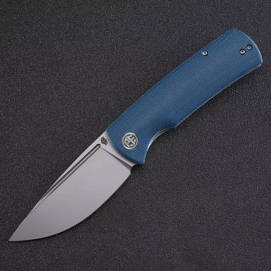 Petrified Fish Beluga PFP01 - 3.62" K110 Sandblasted Blade, Blue Micarta Handle, Front Flipper